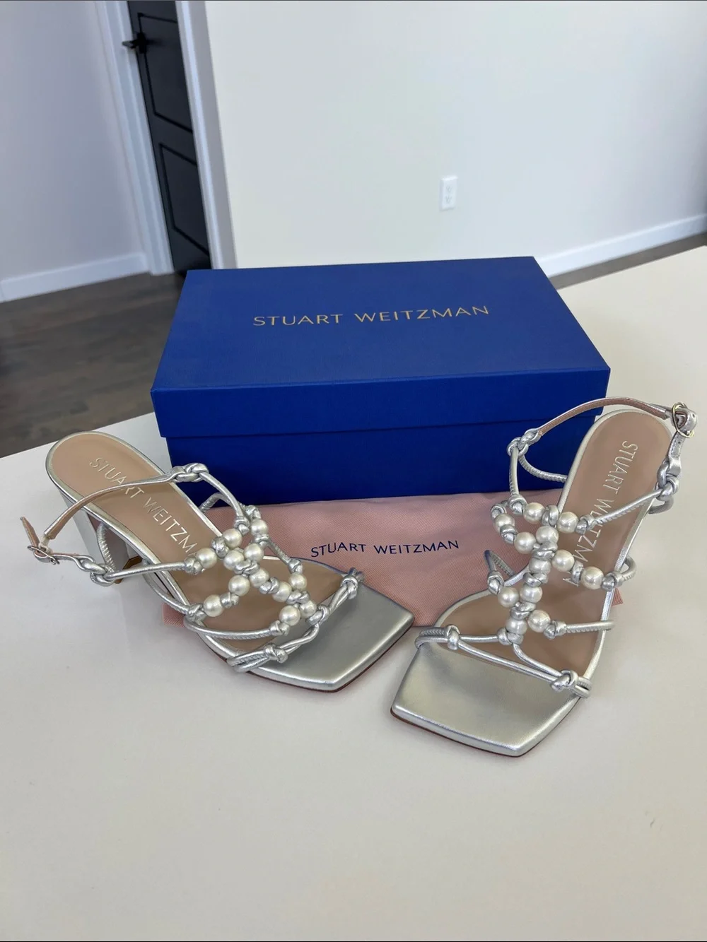 Stuart Weitzman faux pearl knot 80 open toe sandals heels liquid silver metallic